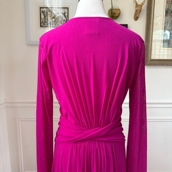 Fuzzi Italy Magenta Fuchsia Fluid Mesh Tulle Midi Long Sleeve Dress $450 20 - Picture 7 of 9